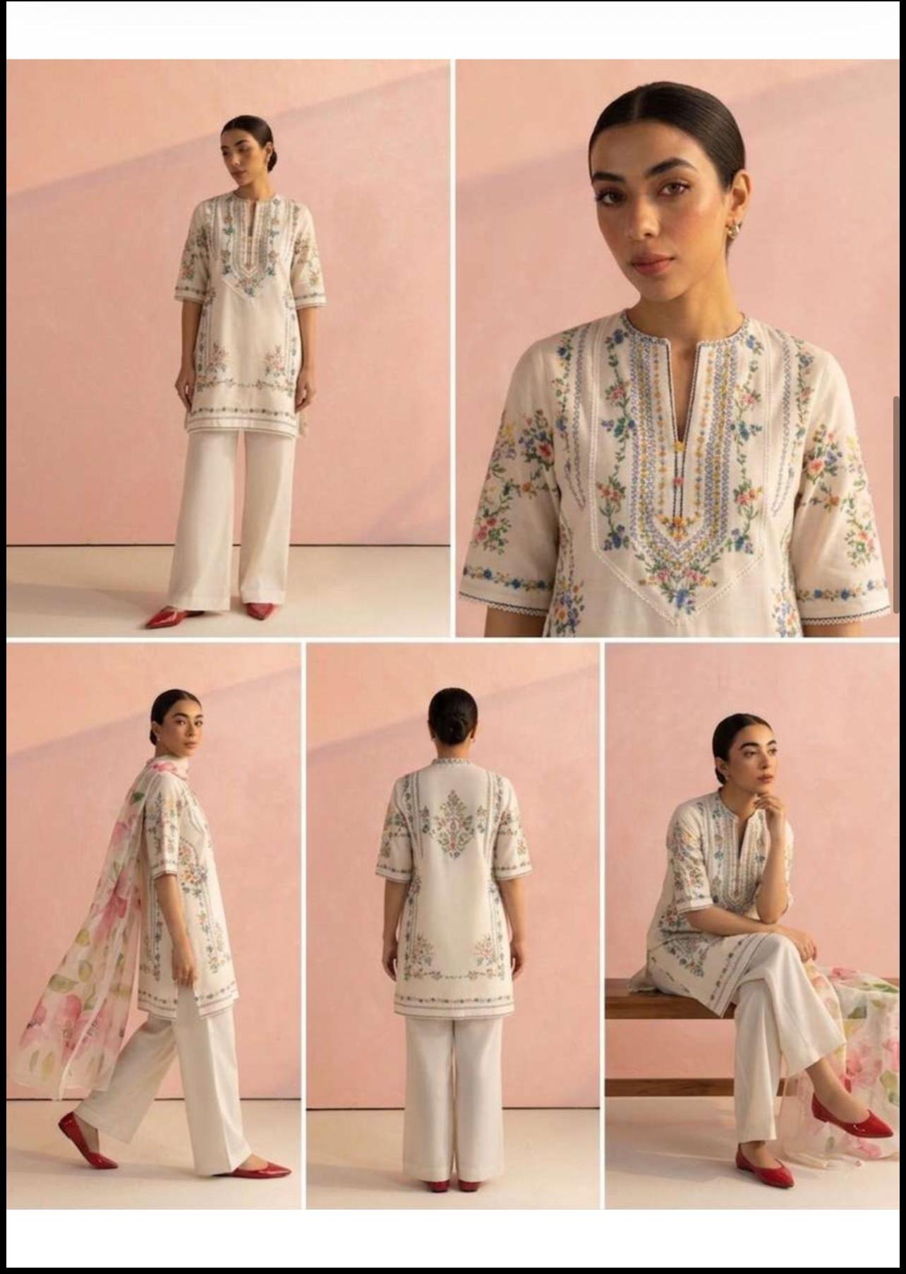 Pareesa Designer 3pc lawn plane Dyed Trouser with pure Voil dupatta