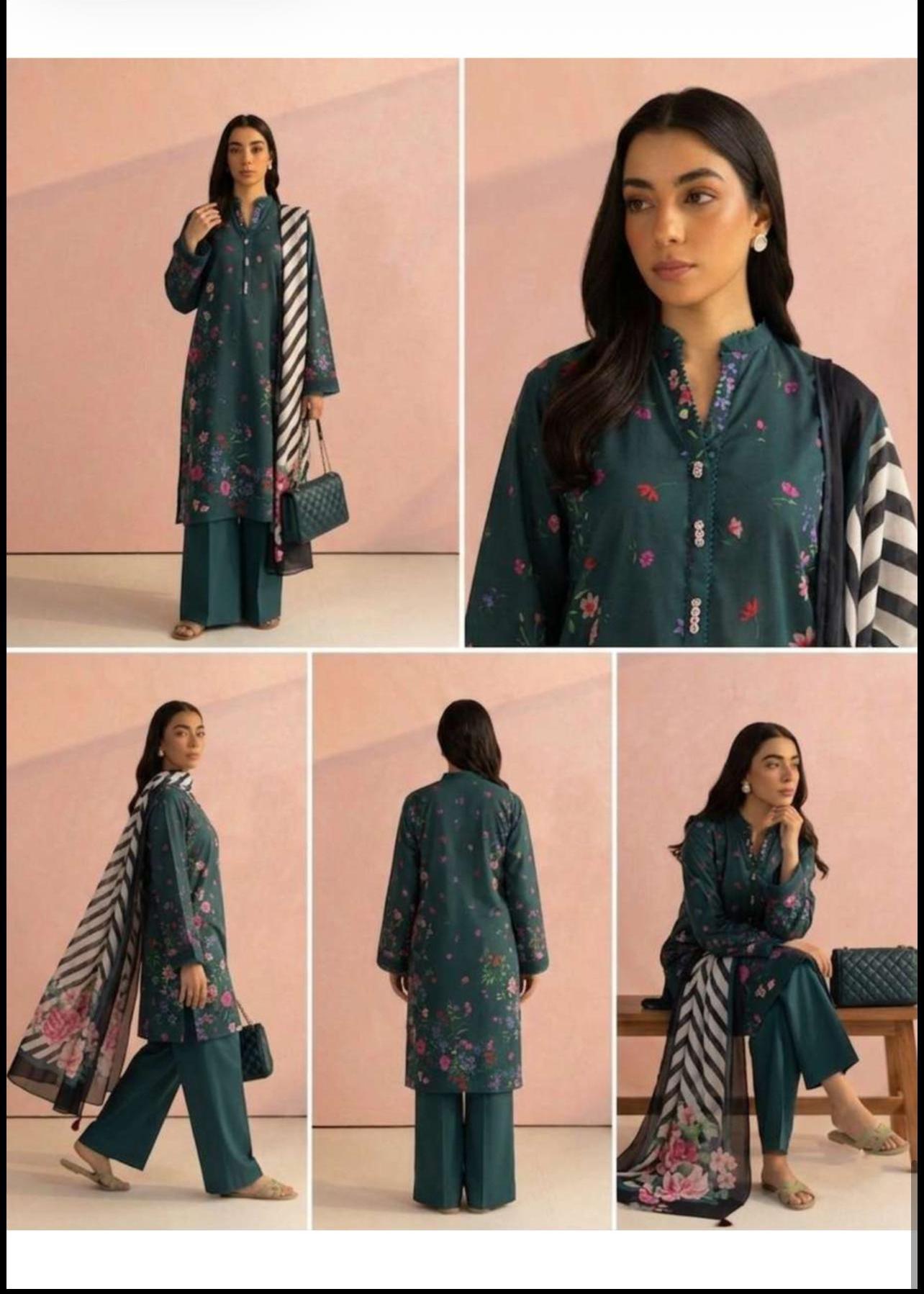 Pareesa Designer 3pc lawn plane Dyed Trouser with pure Voil dupatta