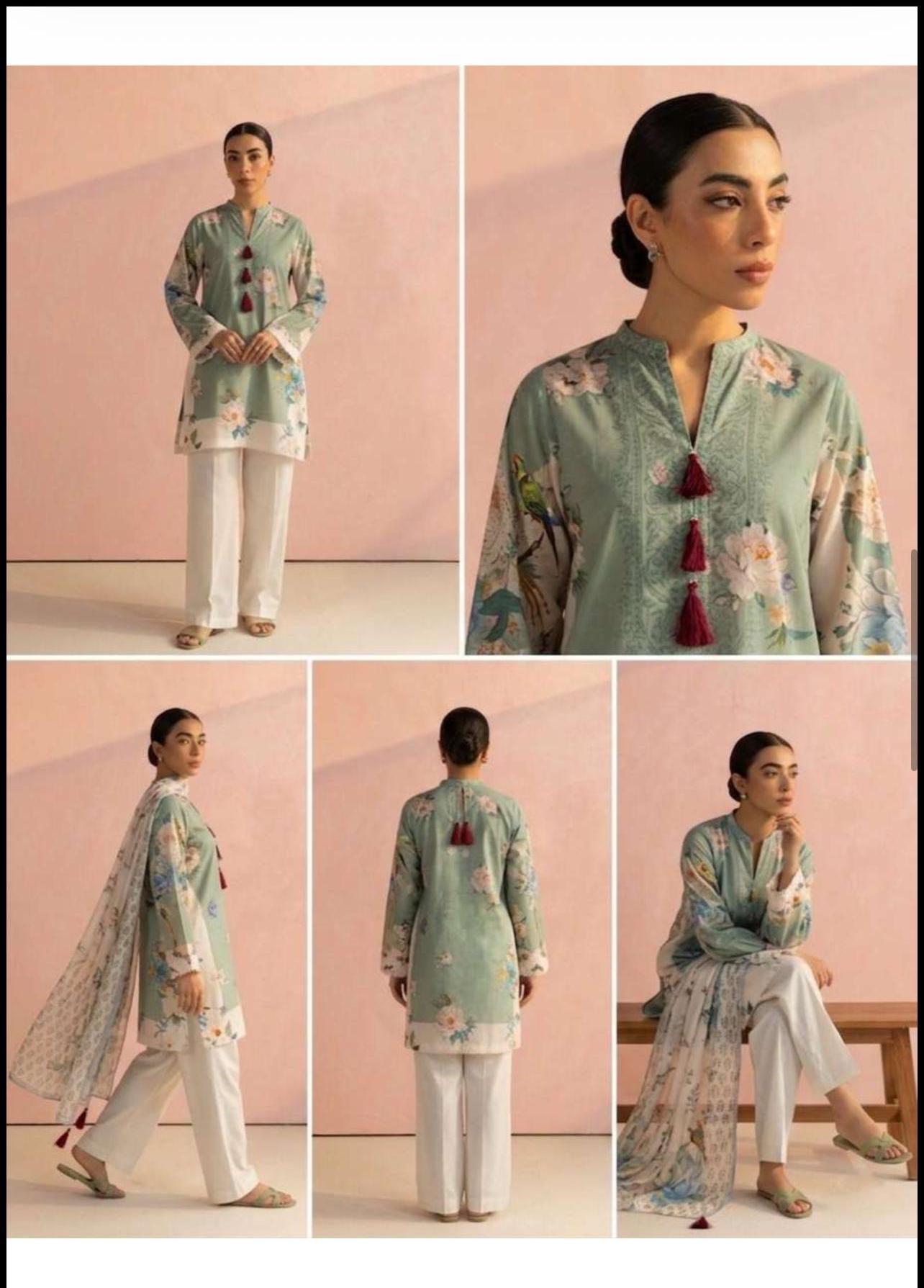 Pareesa Designer 3pc lawn plane Dyed Trouser with pure Voil dupatta