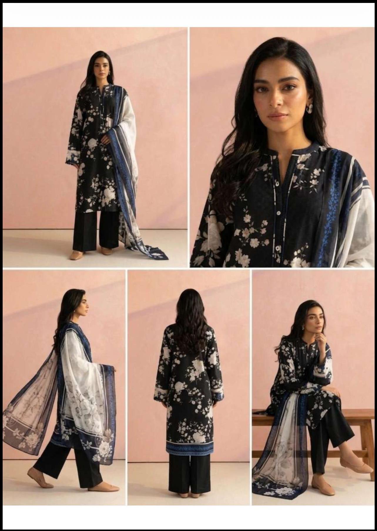 Pareesa Designer 3pc lawn plane Dyed Trouser with pure Voil dupatta