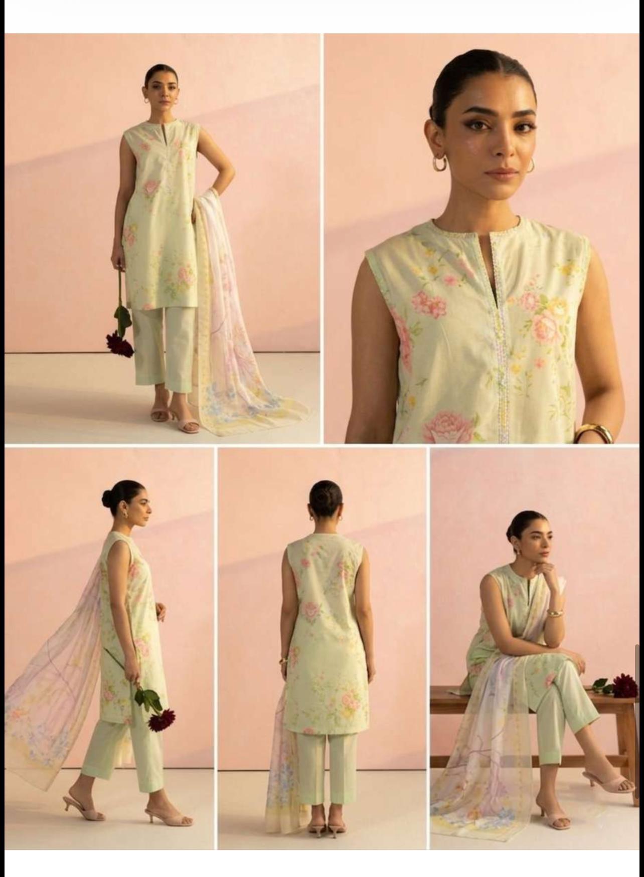 Pareesa Designer 3pc lawn plane Dyed Trouser with pure Voil dupatta