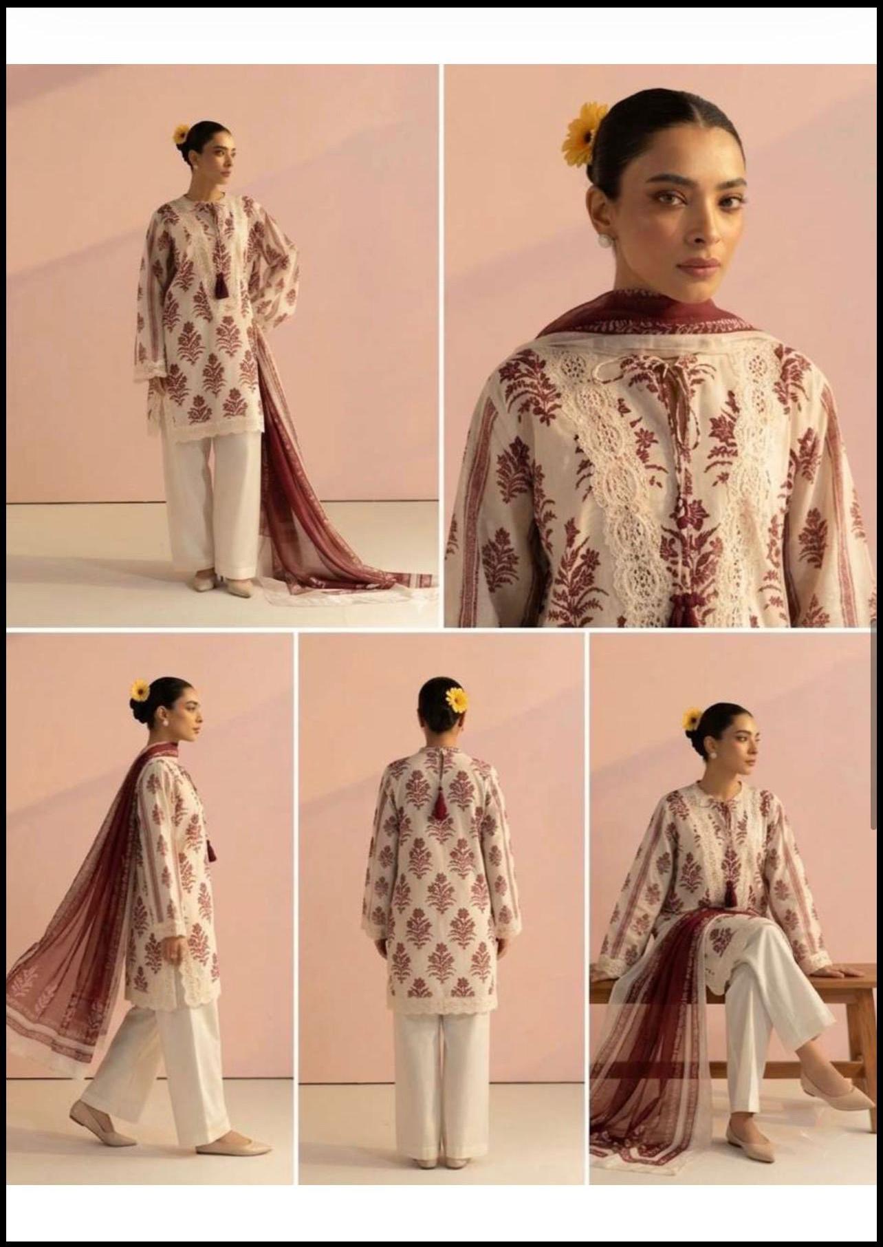 Pareesa Designer 3pc lawn plane Dyed Trouser with pure Voil dupatta