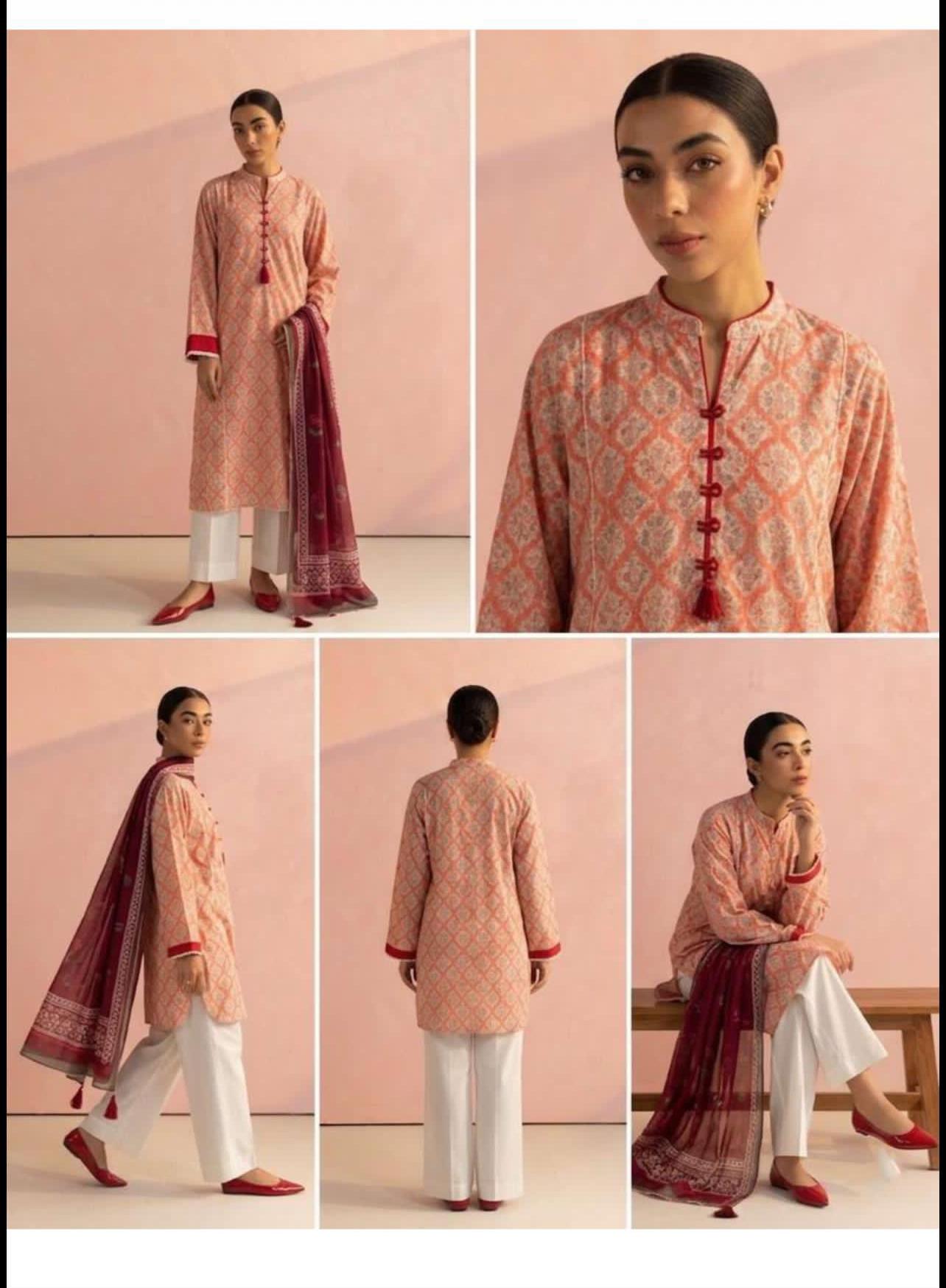 Pareesa Designer 3pc lawn plane Dyed Trouser with pure Voil dupatta
