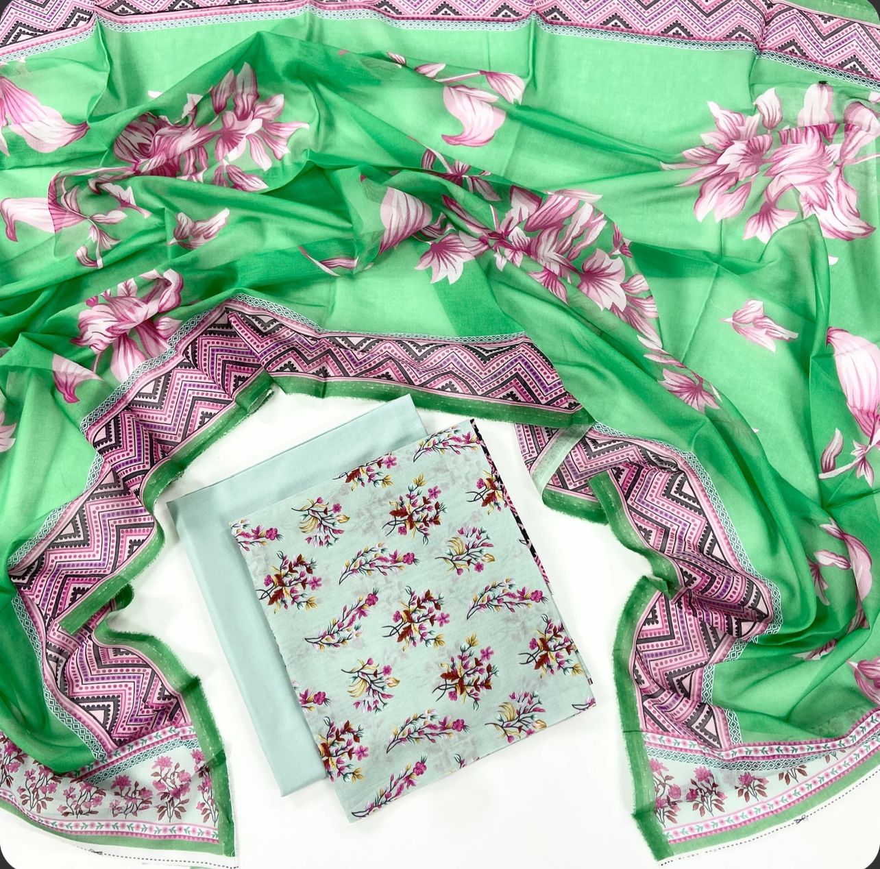 Bonanza Satrangi Outlet Stock 3pc Lawn plane Dyed Trouser with voil dupatta