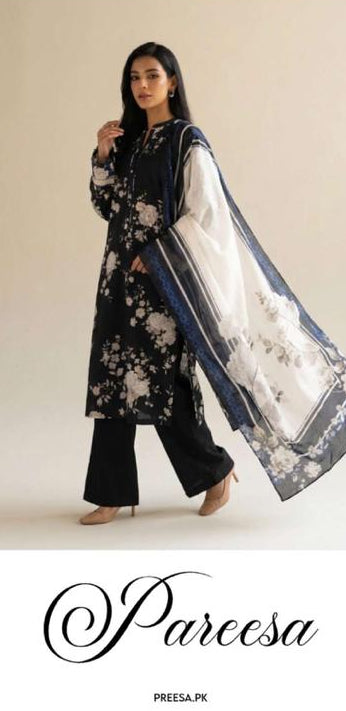 Pareesa Designer 3pc lawn plane Dyed Trouser with pure Voil dupatta